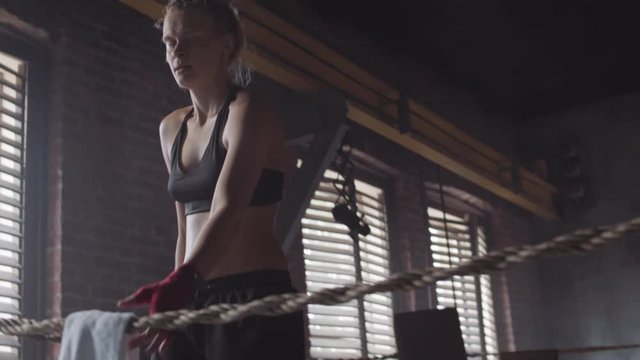Low angle view of female kickboxer punching inside boxing ring then stopping, taking white towel from rope, wiping face, neck while looking at camera