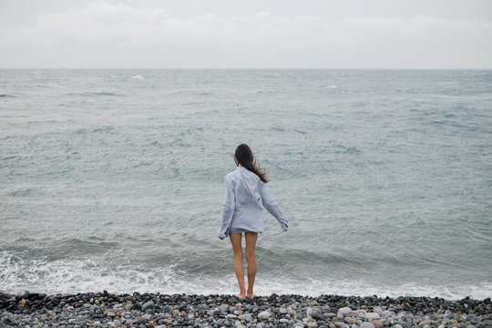Windy seaside portrait