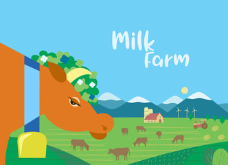 Rural landscape with milk farm flat color vector