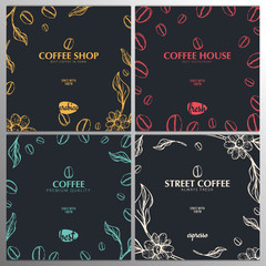 Fototapeta na wymiar Set of Coffee Sketch banners with coffee beans and leaves for poster or another template design.