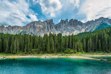 Naklejka na ściany i meble Enchanted Panorama. Lake of Carezza. Dolomites, Italy