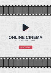 Online Cinema banner with film strip. Hand draw doodle background.