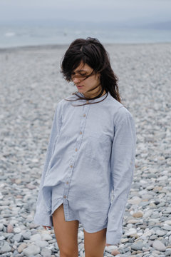 Windy seaside portrait