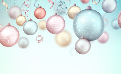 Beautiful background with Christmas decoration. Vector illustration of happy new year 2020 with 3d bright Christmas balls and serpentine. Holiday greeting card in pastel colors