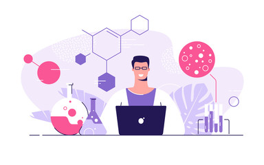 Vector flat style illustration of a young scientist with laptop in a medical, research, chemical lab