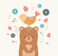 Bear and bird cartoon design vector illustration