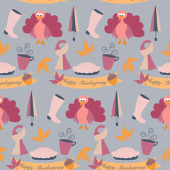 Turkey and autumn elements in a thanks giving seamless pattern