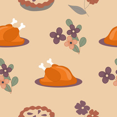 Turkey, pie and autumn flowers, in a thanksgiving seamless pattern