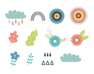 flower leaves cloud and rainbow elements design vector illustration