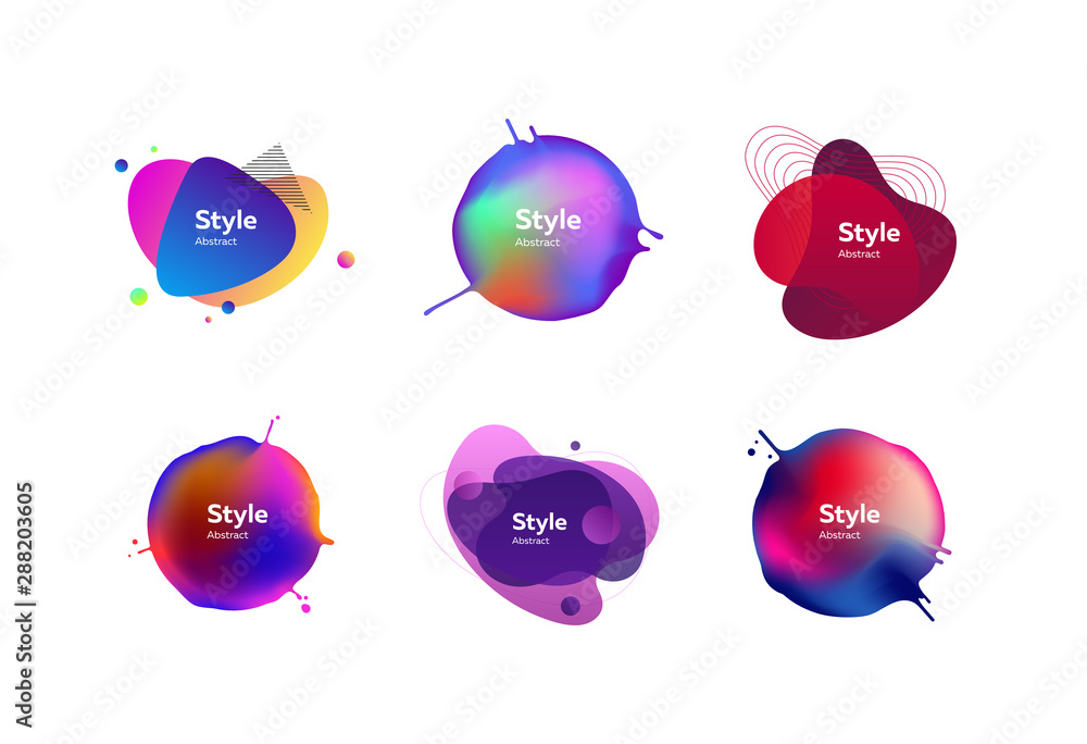 Poster multicolored abstract stains set. modern fluid multi layer compositions with sample text. trendy min
