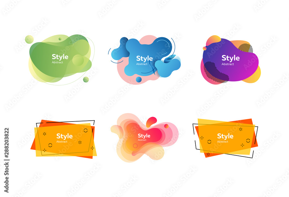 Poster set of trendy abstract elements. gradient liquid shapes with multi layer effect. templates for prese