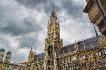Dramatic cloudy sky over the Town Hall in Munich, Germany
