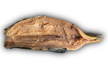 Separation of salted pink salmon fillet from bones. Cooking a popular snack. Isolated image on a white background. A site about fish,cuisine, cookery.