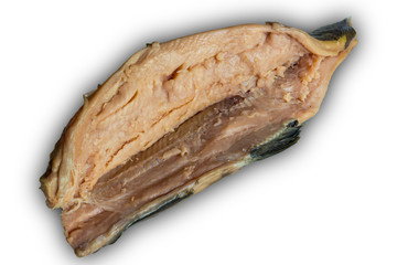 Separate salted pink salmon fillet from bones with a knife. Cooking a popular snack. Isolated image . A site about fish,cuisine, cookery.
