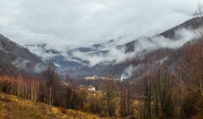 Foggy mountain landscape in Retezat National Park, Carpathian Mountains, Romania