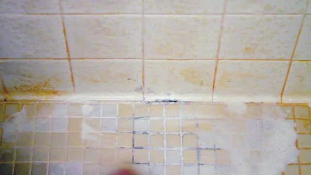 Working on cleaning a filthy shower floor covered in soap scum, mildew, and mold.