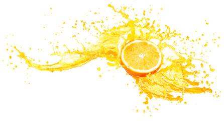 Orange juice splashing with its fruits isolated on white background - obrazy, fototapety, plakaty