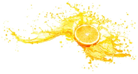 Poster Orange juice splashing with its fruits isolated on white background © lotus_studio