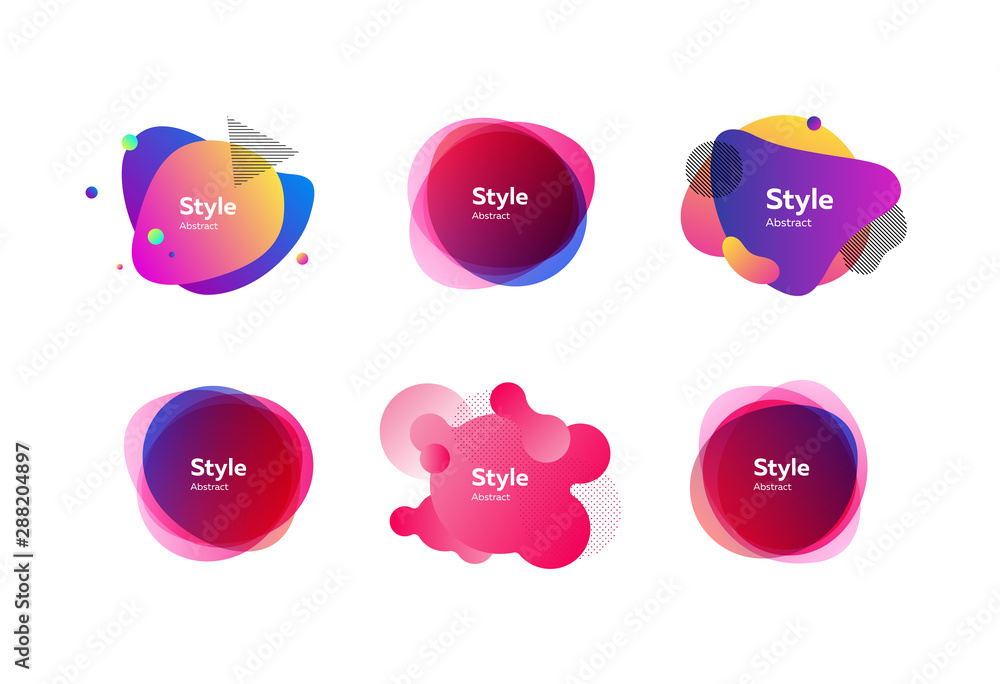 Poster bright multi layer irregular shapes set. multicolored abstract figures and lines with sample text. t