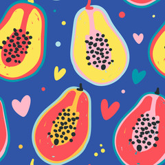 hand drawn vector seamless pattern with sketch modern handdrawn style papaya in bright neon colors. Endless background with fruit ingredient. Good for wallpaper, textile fabric or wrapping paper.