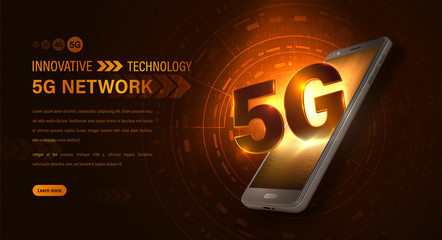 5G internet, wifi connection with smartphone in isometric. 5G new wireless internet network. Fifth innovative generation of the global high speed Internet. Vector concept of data rate technology