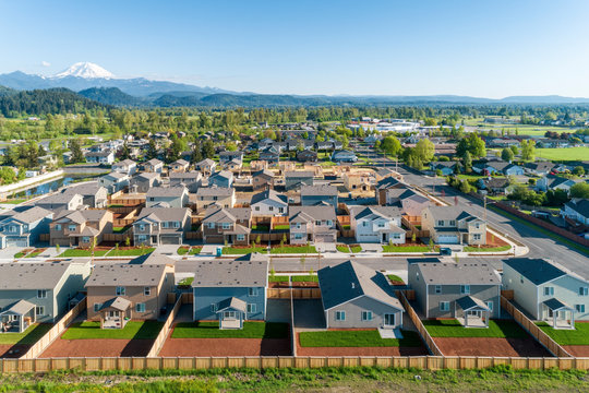 Drone view of a scenic suburban neighborhood