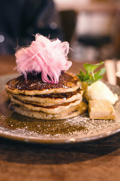 stack of pancakes with candy floss