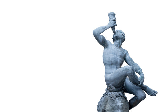 Ancient statue isolated on white background - a man drinking from the horn of plenty (cornucopia) as symbol of wealth wealth and prosperity