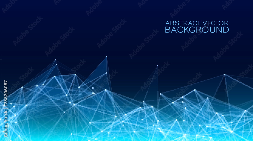 Poster vector abstract futuristic digital landscape with particles dots and stars on horizon. computer geom