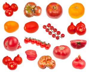 many various fresh tomatoes isolated on white