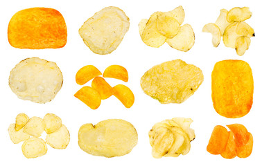 various potato chips isolated on white