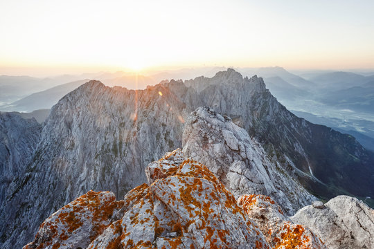 View from Ellmauer Halt at sunrise, Wilder Kaiser, Ellmauer Halt, Tyrol, Austria