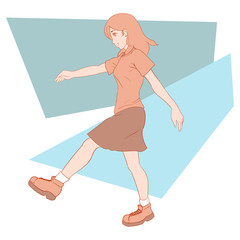 cute woman walking, wearing a blouse and short skirt, flat style
