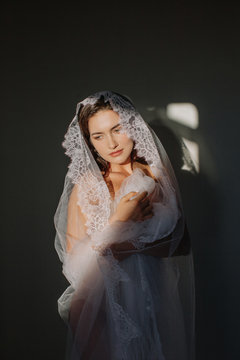 Beautiful bride under the veil in contrast light