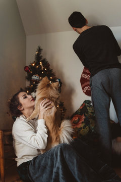 A young couple and their small dog decorate their christmas tree
