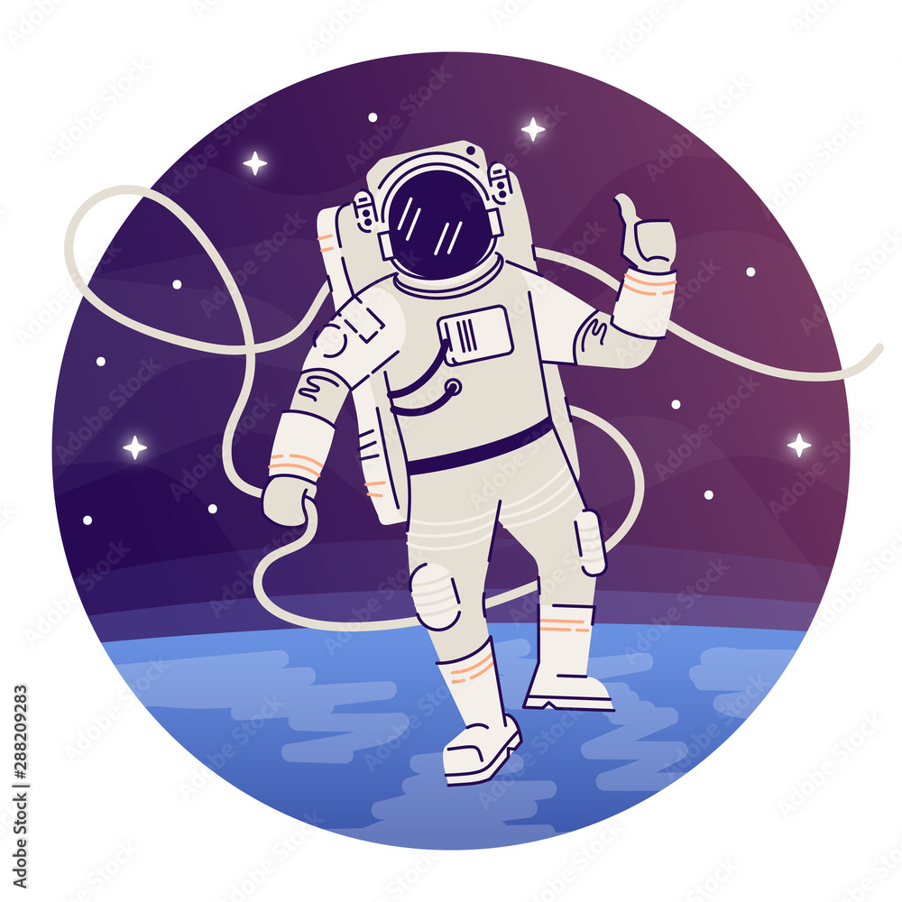 Poster cosmonaut in outer space flat concept icon. astronaut in spacesuit floating in cosmos zero gravity m