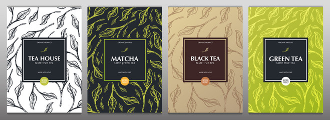 Collection tea banners. Green and Black tea, Matcha Japanese tea. Hand draw leaves on the background.