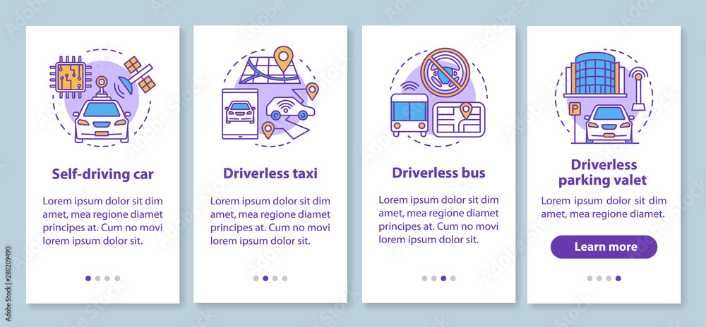 Aufkleber driverless car industry onboarding mobile app page screen with linear concepts. robotic self driving