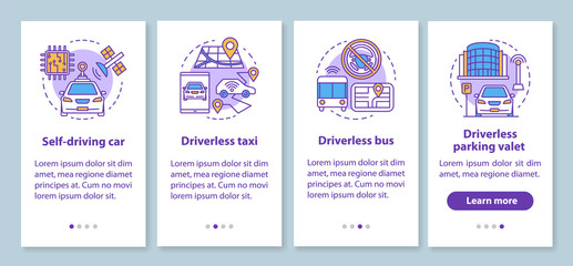 Driverless car industry onboarding mobile app page screen with linear concepts. Robotic self driving vehicle using walkthrough step graphic instructions. UX, UI, GUI vector template with illustrations