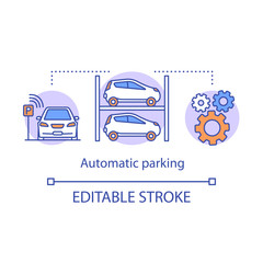 Automatic parking concept icon. Space-saving smart parking system. Car-park. Perpendicular stand spots idea thin line illustration. Vector isolated outline drawing. Editable stroke