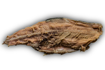 The body of salted pink salmon. Cooking a popular snack. Isolated image on a white background. View from above. A site about fish,cuisine, cookery.