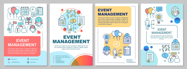 Fototapeta na wymiar Event management brochure template layout. Corporate events industry. Flyer, booklet, leaflet print design with linear illustrations. Vector page layouts for magazines, reports, advertising posters