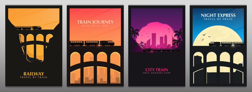 Set of Travel by Train banners. Railway bridge with outdoor landscape. Travel Concept.