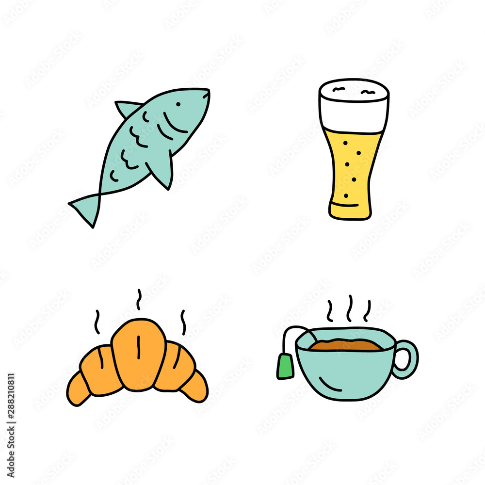 Sticker drinks with snacks doodle color icons set. fish, beer glass, croissant and hot tea hand drawn isolat