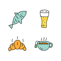 Drinks with snacks doodle color icons set. Fish, beer glass, croissant and hot tea hand drawn isolated vector illustrations. Harmful and healthy beverages with appetizers. Delicious food, tasty meal