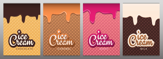 Set of Ice Cream banners with wafer background. Cafe menu, ice cream dessert poster, food packaging design. - 288210893