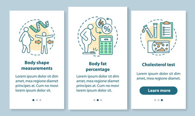 Body health onboarding mobile app page screen with linear concepts. Cholesterol test. Body shape measurements. Three walkthrough steps graphic instructions. UX, UI, GUI vector template, illustrations