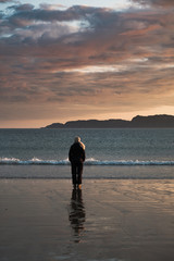 A girl stands on the shore of the Barents Sea at sunrise