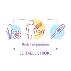 Body temperature measuring concept icon. Health threat, patient with fever idea thin line illustration. Thermometer showing normal temperature. Vector isolated outline drawing. Editable stroke