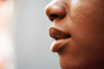 Nose, lips and cheek of young woman, close-up